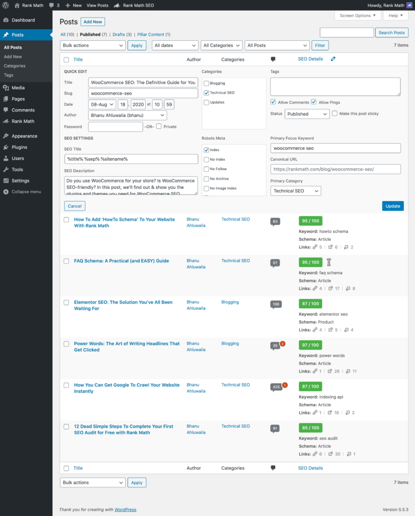 WP Posts Quick edit Rank math SEO Score